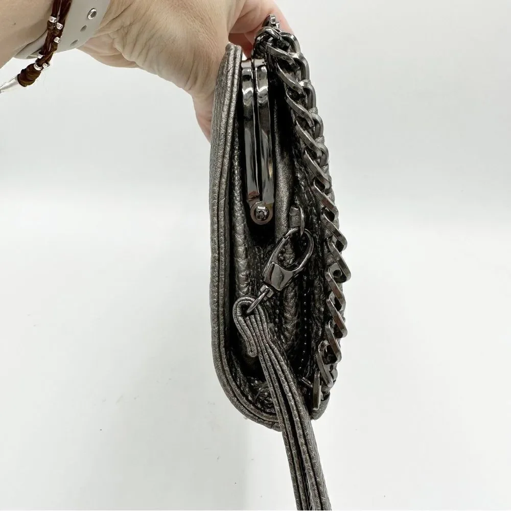 Big-buddha Pewter/Metallic Clutch With‎ Chain Accent Wristlet Vegan Leather